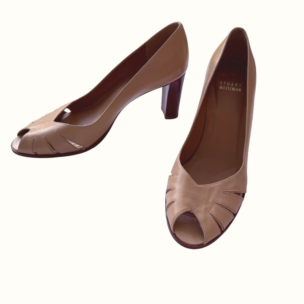 Stuart Weitzman Tan Leather Peep Toe Block Heel Pumps Cutout Size 8M 3"Heel